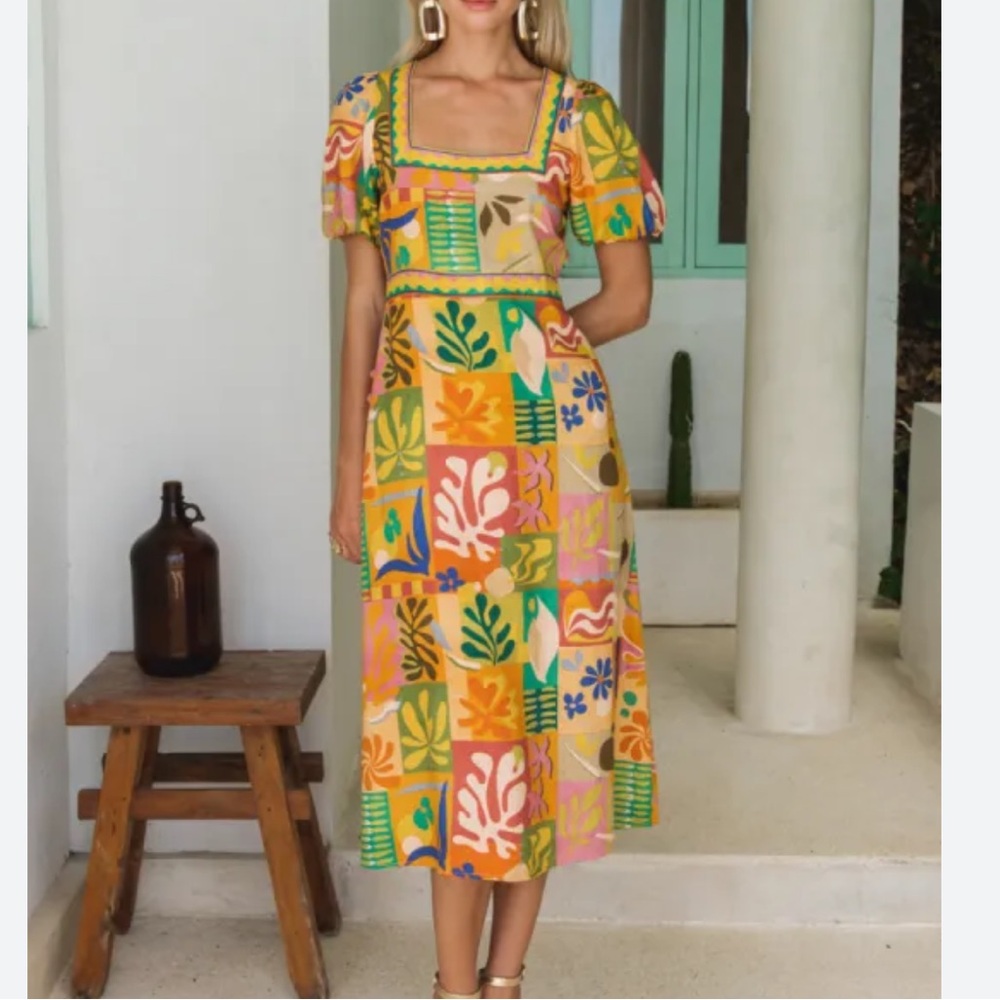 Nine Lives Bazaar Callie Midi Dress Gold Green Tropical Leafy Print Sz XS 2